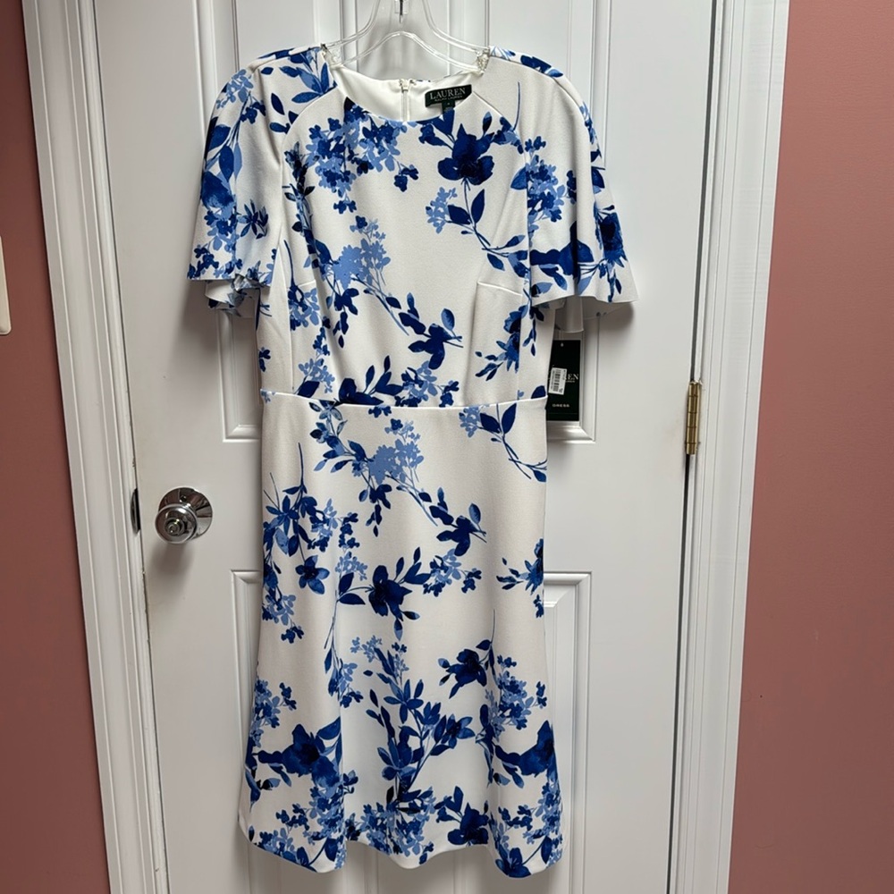 Ralph Lauren Dress White with Blue Flowers-  A-line